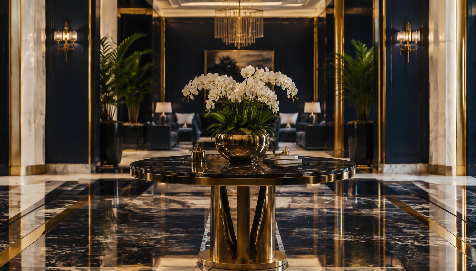 Lobby de lujo con detalles dorados y mármol impecable