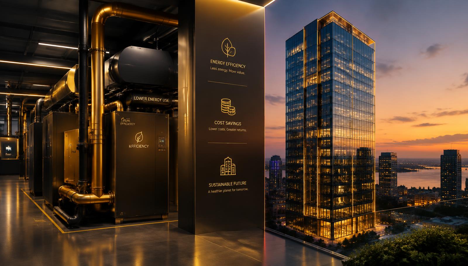 Instalaciones eficientes de un edificio corporativo al atardecer